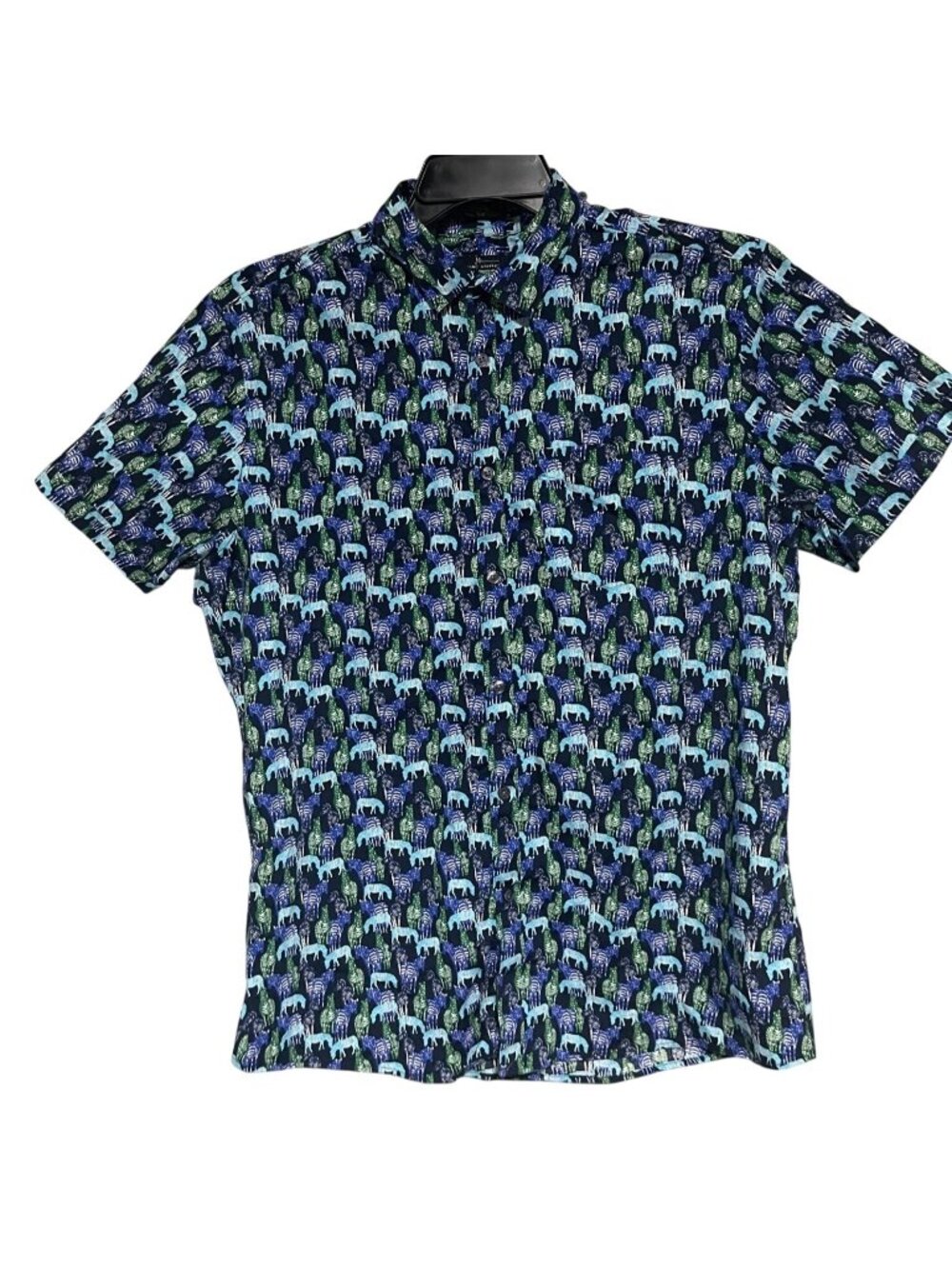 Marc Anthony Mens Luxury Slim Fit Shirt Size L Blue Green Animal Print AOP